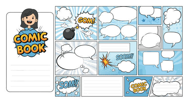 Fun comic book page template featuring a cute illustrated girl character with blank panels and speech bubbles for creative storytelling.