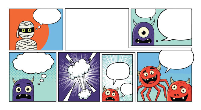 Colorful comic book layout with various monster characters, a mummy, an explosion, and blank speech bubbles for creating custom narratives.