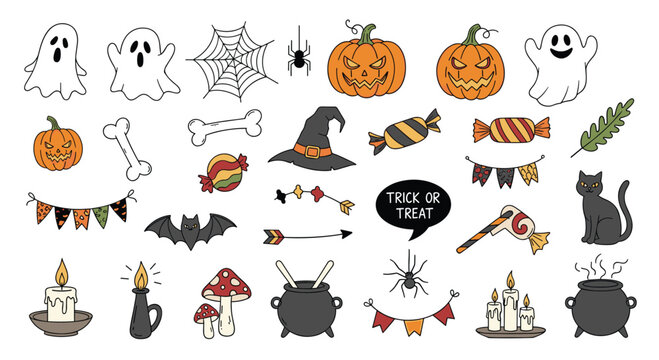 Large collection of hand drawn halloween doodles including ghosts, pumpkins, candy, bats, spiders, and witches hats for festive decorations.