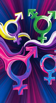 Image of gender symbols, male, female, and transgender, in vibrant colors with swirling patterns, representing gender identity and expression