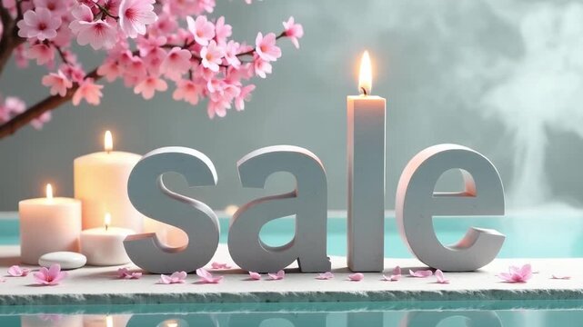 'Sale' sign with spa background - candles, flowers, and soft lighting, enticing spa deal