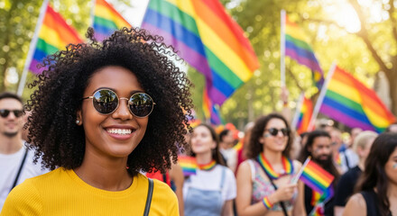 Fototapeta premium Smiling dark-skinned young woman with curly hair and rainbow flags waving, representing celebration and Pride, perfect for LGBTQ+ events