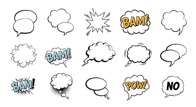 Large set of various hand drawn comic book speech bubbles with some featuring action words like bam and pow in a fun style.