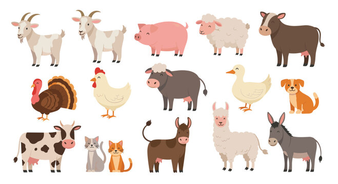 Diverse collection of cute cartoon farm animals including cows, goats, pigs, sheep, chickens, ducks, and even a friendly llama.