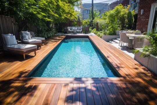 Summer poolside design with ipe wood decking and a sparkling pool
