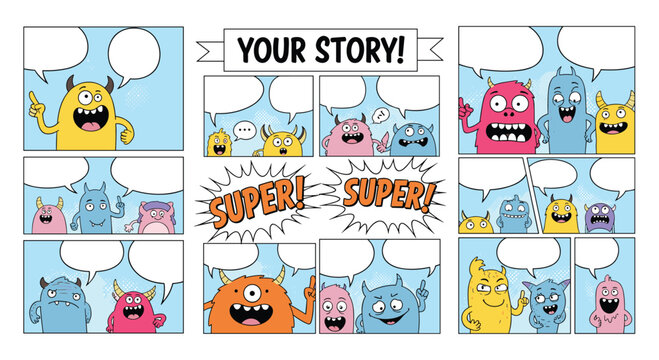 Fun comic book page template titled your story with colorful monster characters and blank speech bubbles for creative storytelling activities.