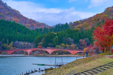 Fototapeta premium 秋の群馬県安中市の坂本ダムの赤い夢のせ橋を見る