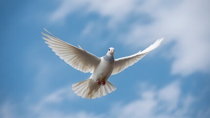 Obraz premium Title white dove in flight against a blue sky description a beautiful white dove soars gracefully through the air wings