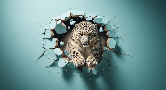 Snow Leopard Emerging Through Cracked Wall.
