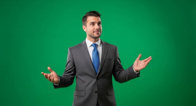 Confident businessman presenting with open hands against green screen background