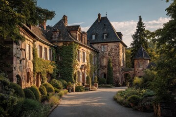 Obraz premium Timeless Alsace chateau: grand stone manor with ivy-covered walls and a tranquil garden