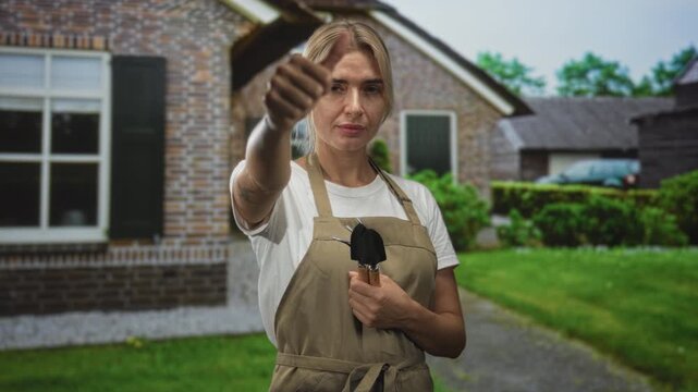 Woman gardener gives thumbs up holding a trowel and wearing an apron in front of a brick building; home confidence.