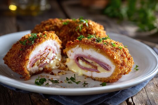 Traditional pork schnitzel stuffed with ham and cheese, crispy breading and golden crust