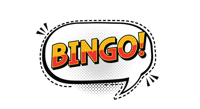 Word bingo appears in a colorful yellow and red font inside a dotted comic book speech bubble on a white background.