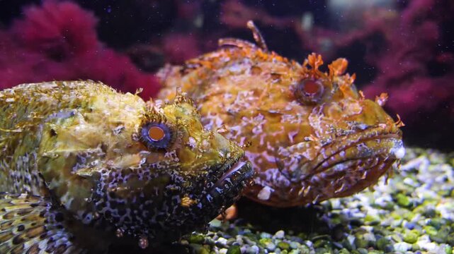 Close up of stonefish. or Warty-ghoul, Nofu or rockfish resting on the seabed underwater with another one beside