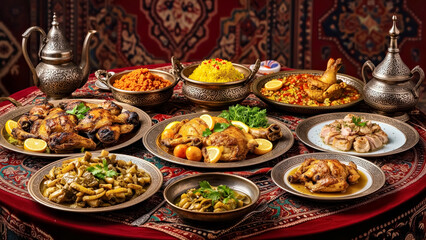 Fototapeta premium Traditional Ottoman Cuisine Feast Featuring Roasted Chicken And Rice On An Ornate Kilim Tablecloth Representing Turkish Culinary Heritage And History