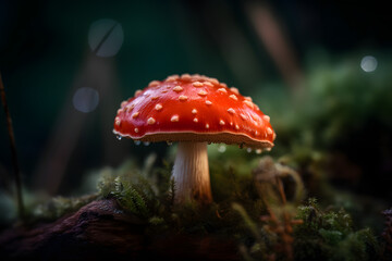 Fototapeta premium Amanita Muscaria Mushroom with Water Droplets in Forest Moss on a blurred forest background, macro photo