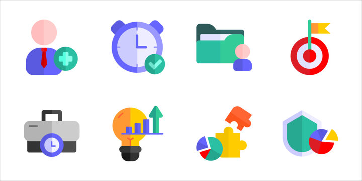 Business Workflow And Project Planning Icons Pack. Employee management schedule control innovation growth and secure performance vector icon set