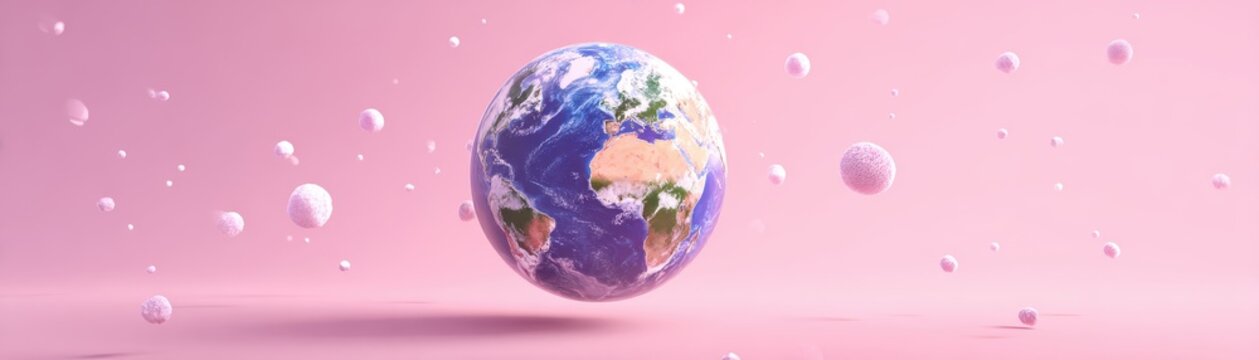 Planet Earth floating in space surrounded by multiple small textured spheres on  soft pink color plane