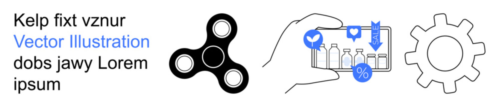 Marketing, discounts, technology integration, optimization, mechanics, manufacturing. A hand holding a phone with symbols, fidget spinner gear icon. Marketing and discounts concept