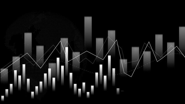Monochrome financial chart with globe silhouette animation, Financial chart with bar and line graphs dotted globe silhouette animated