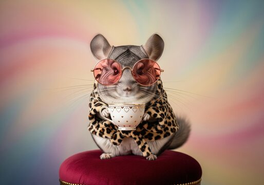 Stylish chinchilla wearing sunglasses and a leopard print robe holds a teacup