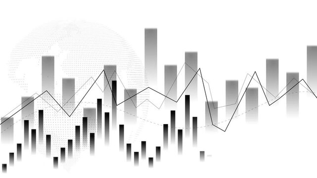 Monochrome financial chart with globe silhouette animation, Financial chart with bar and line graphs dotted globe silhouette animated