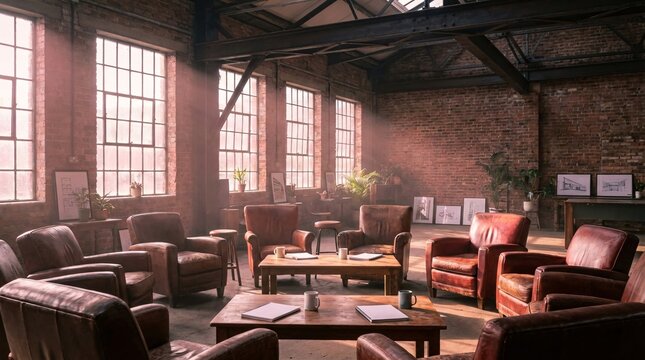 Soft morning light filters through large warehouse windows illuminating empty distressed leather chairs arranged for collaborative sessions.