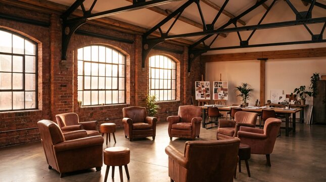 Soft morning light filters through large warehouse windows illuminating empty distressed leather chairs arranged for collaborative sessions.