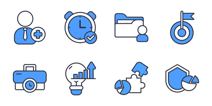Business Management And Corporate Productivity Icons Set. Project workflow time planning innovation growth and office performance vector icons