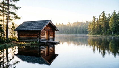 Obraz premium Photorealistic Wooden Cabin by Calm Lake at Sunrise with Natural Morning Light and Forest Reflection