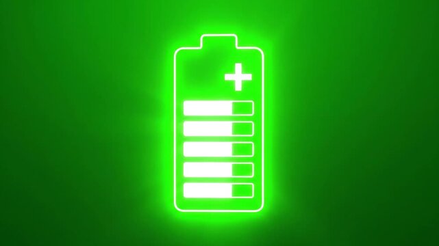 Glowing neon battery icon with medical cross symbol in vibrant green background.