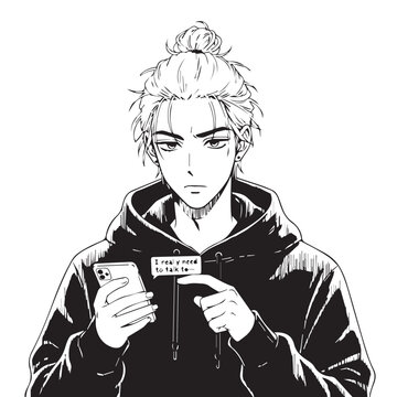 Black and white manga style illustration, young man with smartphone, hoodie, I am a toxic slacker text