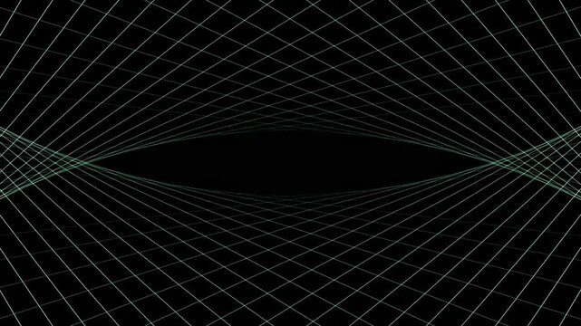 Green wireframe grid lines expanding into a wide perspective floor and ceiling pattern over a dark void.