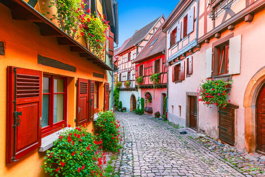 Eguisheim, France. Charming Alsace village, features colorful half-timbered houses, cobblestone streets and medieval charm.