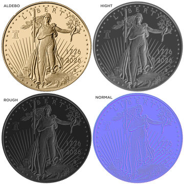 PBR coin texture set obverse with albedo, roughness, normal and height maps, isolated with clipping path