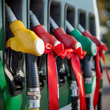 gas pump nozzles tied together with red ribbon, energy embargo concept