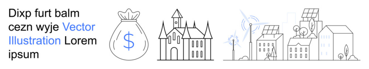 Obraz premium Renewable energy, urban planning, sustainability, green energy, financial investment, community development. A money bag, castle wind turbines and solar-paneled buildings. Renewable energy