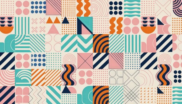 Retro Geometric Seamless Pattern with Abstract Shapes and Vibrant Colors