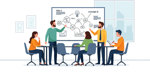 Diverse team brainstorming meeting in modern office with whiteboard and colorful graphics in bright vibrant lighting for business presentation © Masuk Sat