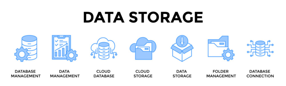 Data Storage Banner Web Icon Set Collection Pack Vector Illustration Concept For Organize And Store Business Data Securely With Scalable Cloud Systems
