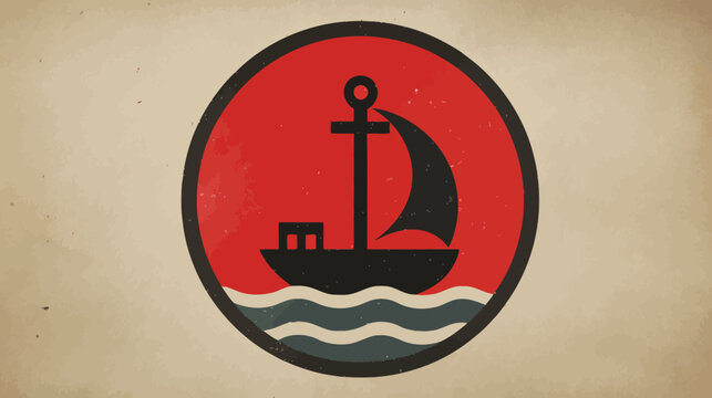 A boat icon with mast and sail on waves inside a red circle, set on a faded, textured beige background