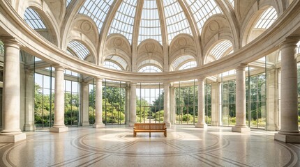 Majestic architectural interior featuring domed skylight classical columns and green park vista