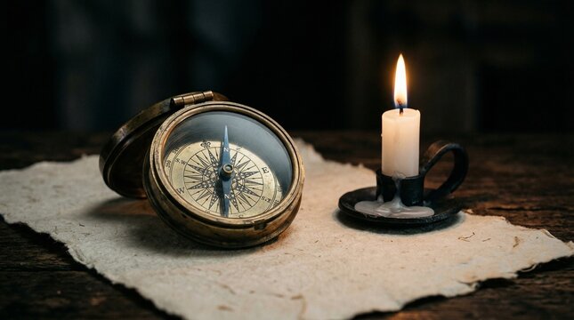 Antique Compass and Lit Candle Illuminating Old Paper for Discovery