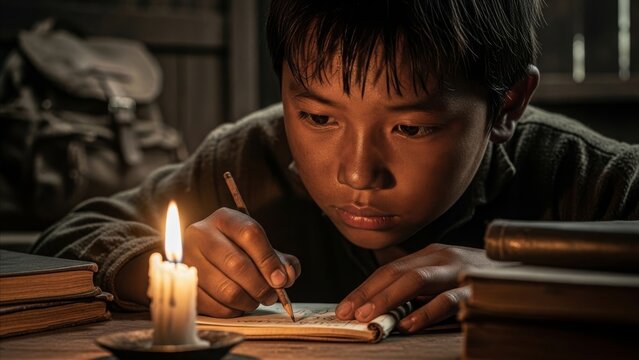 Education - Asian Boy Studying by Candlelight at Night Writing in Notebook with Pencil Surrounded by Old Books