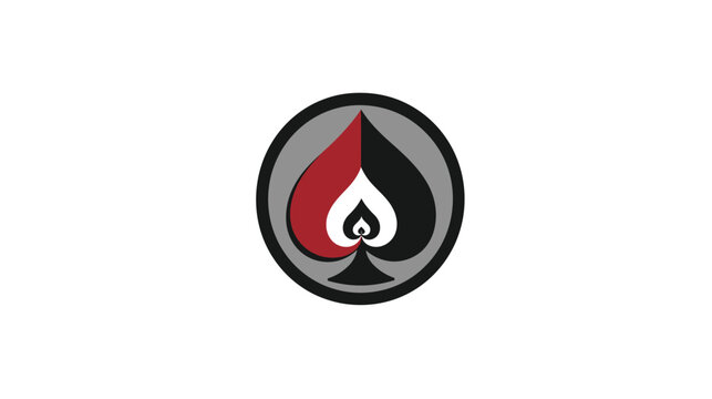 A geometric emblem with a spade design using black, red, white, and gray tones within a circular frame