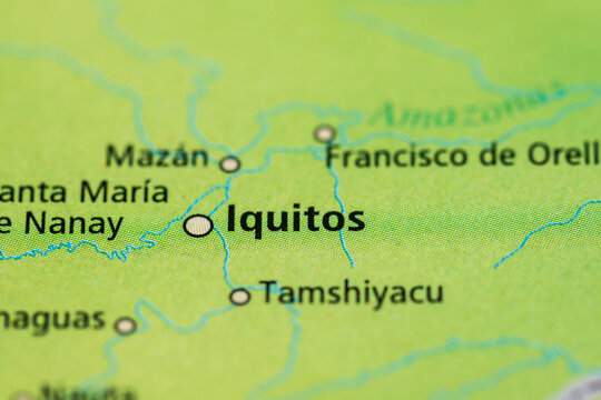Detailed map showing Iquitos region in Peruvian Amazon rainforest.