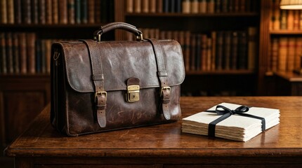 Professional Brown Leather Briefcase on Ornate Wooden Desk with Stack of Tied Papers and Library Background