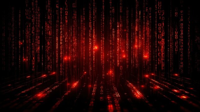 Digital Matrix Background with Glowing Red Binary Code Falling in Abstract Data Stream Environment