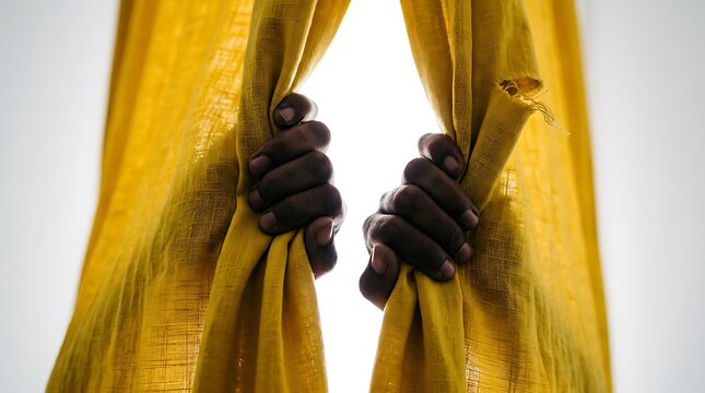 Person hands holding back yellow curtains revealing bright white light outside window  nobody